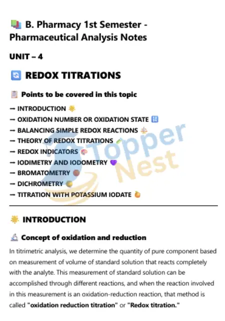 UNIT 4 – Redox Titrations – Principles, Types and Applications Notes
