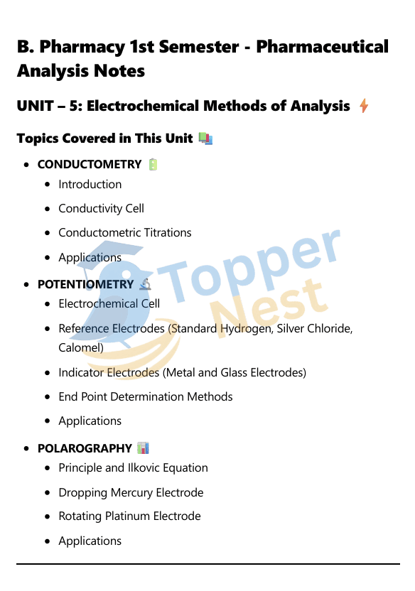 UNIT 5 – Electrochemical Methods of Analysis Notes