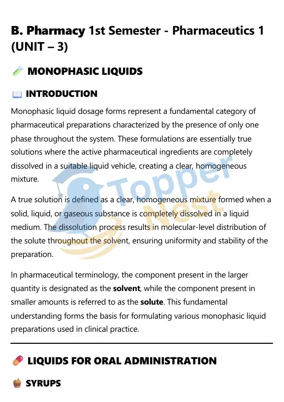 Unit 3 – Monophasic and Biphasic Liquid Dosage Forms Notes