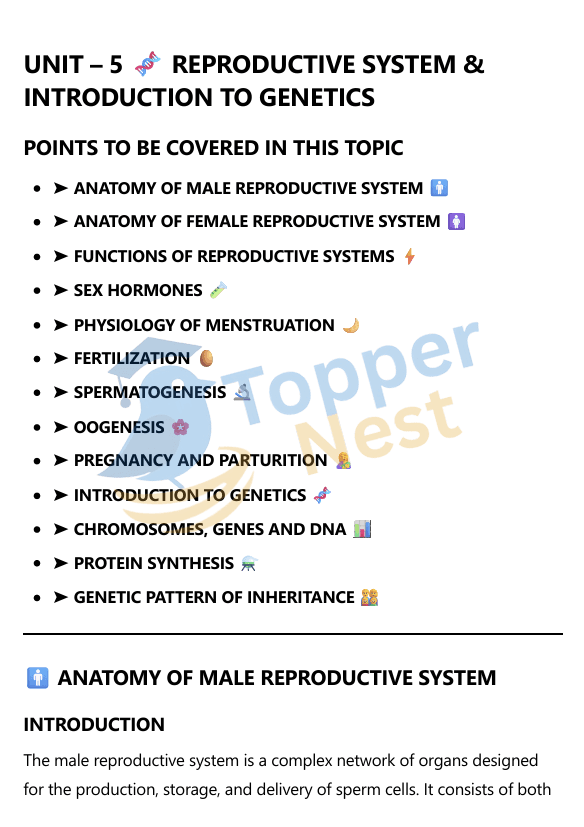 Unit 5 – Reproductive System & Genetics Notes